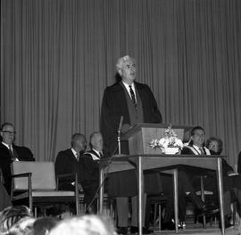 Photograph of a speaker at Lakeshore Teachers' College convocation