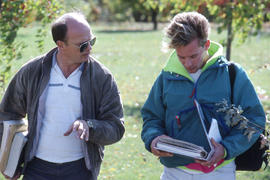 Photograph of Landscaping instructor, Paul Pietsch and student talking outside