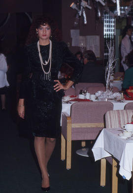 Photograph of a fashion model in a dining room