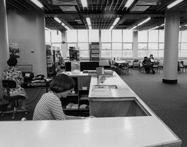 Photograph of Lisa Patrick working at the Circulation Desk in the Lakeshore Library