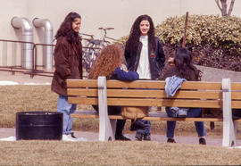 Photograph of four girls talking at a bench beside the steam plant