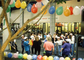 Photograph of a Winter Humberland pep rally in the Student Centre
