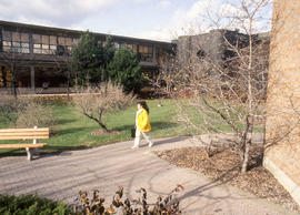 Photograph of a student walking through the courtyard at Lakeshore campus