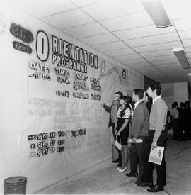 Photograph of visitors reviewing orientation events