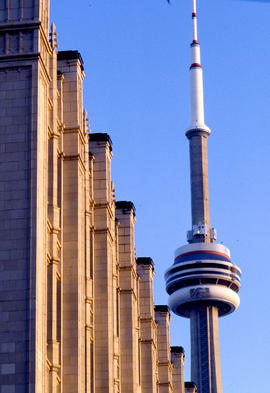 Photograph of a downtown Toronto building, with a view of the CN Tower