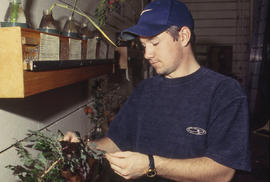 A photograph of a Landscape student checking seedlings
