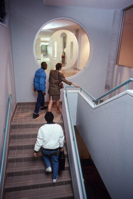 Photograph of the main stairway coming up to the second floor in NX building