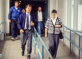 Photograph of staff and students in the walkway