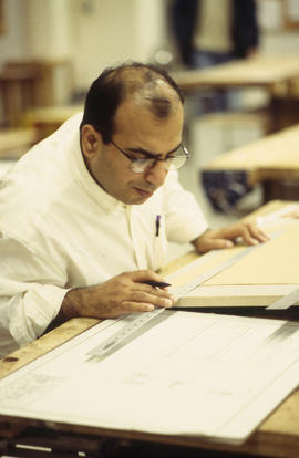 Photograph of a Cabinet Making / Woodworking student at work in the lab