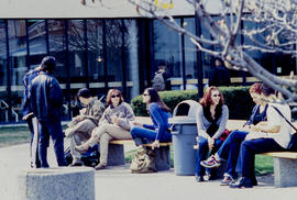 Photograph of students seated outdoors on benches