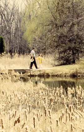 Photograph of a young child and an adult in the arboretum