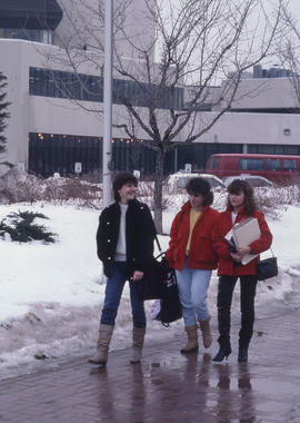 Photograph of students on the walkway to the D building