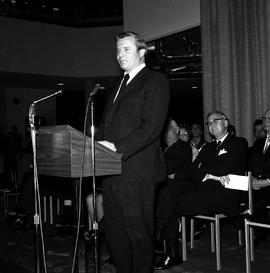 Photograph of William G. Davis speaking at the Official Opening of the Phase II buildings