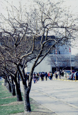Photograph of students walking towards North Campus building