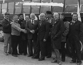Photograph of Transportation Staff in front of a Humber bus to Congratulate Joe Rupniak