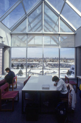 Photograph of the top floor in the library looking east