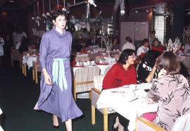 Photograph of a fashion model in a dining room
