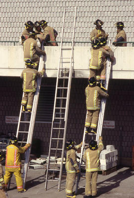A photograph of Firefighting students climbing ladders
