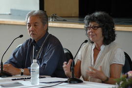Photograph of a panel discussion featuring Olive Senior and Wayson Choy
