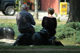 Two participants seated outside at Lakeshore Campus : [photograph]
